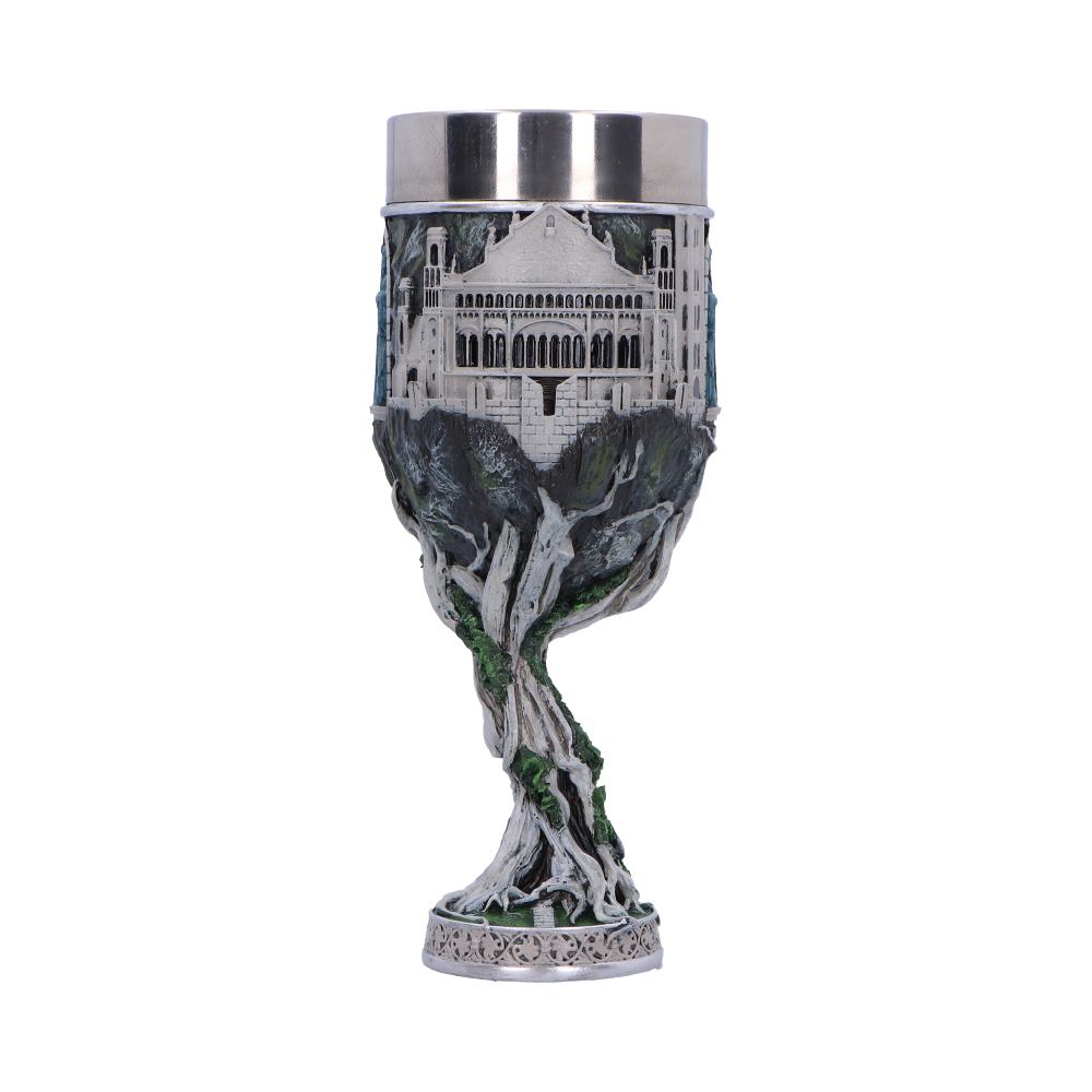 A decorative goblet features intricate medieval architecture and twisted tree roots as a stem, set against a plain white background.