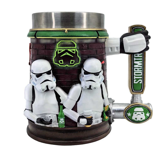 A mug features two stormtroopers holding drinks, set against a brick-themed background with a green neon stormtrooper helmet design. The handle is adorned with the text "STORMTROOPER."