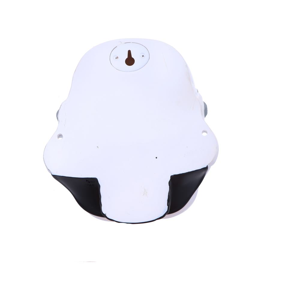 A white, rounded object with a keyhole shape at the top center; it has black curved edges, against a plain white background.