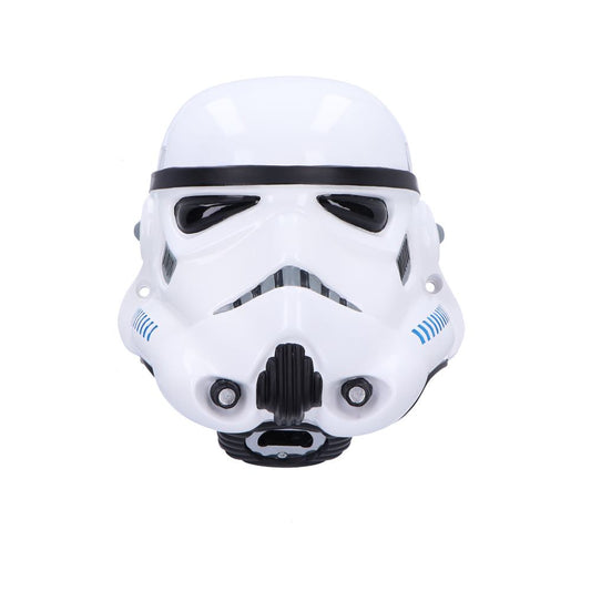 White Stormtrooper helmet, displaying black and blue detailing, is centered against a plain white background. The helmet features a smooth, curved design with prominent eye sockets and air vents.