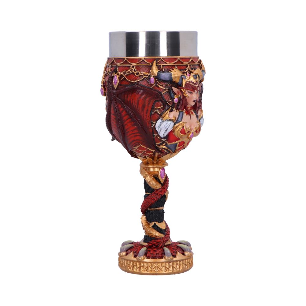 Ornate goblet showcases a red-winged female warrior and golden coiling dragon sculpted around the stem, with jeweled accents and stainless steel rim, isolated against a plain white background.