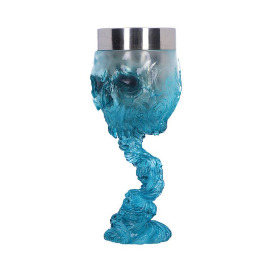 A skull-shaped goblet, fashioned from translucent blue resin, stands on a swirling base against a white background.