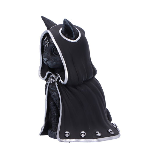 A black cat figurine, wearing a black hooded cloak adorned with skulls and pentagrams, sits against a white background.