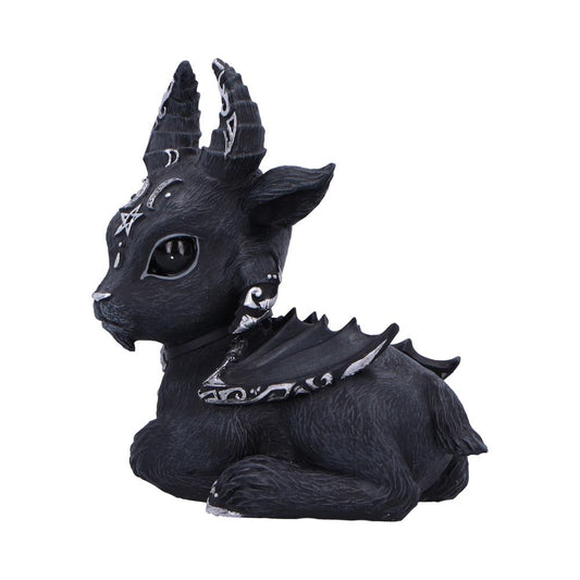 A black goat figurine, adorned with silver detailing and small bat-like wings, rests on a white background.