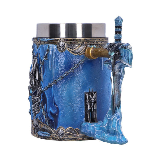 A detailed, fantasy-themed mug with a blue, icy texture and ornate metallic designs. The handle resembles a sword embedded in ice, adding a dramatic, medieval touch to the design.