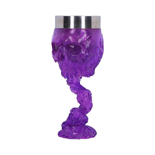 A purple skull-shaped goblet stands on a white background. The goblet is sculpted to resemble melting or flowing liquid. Its stem is a swirling, continuous design.