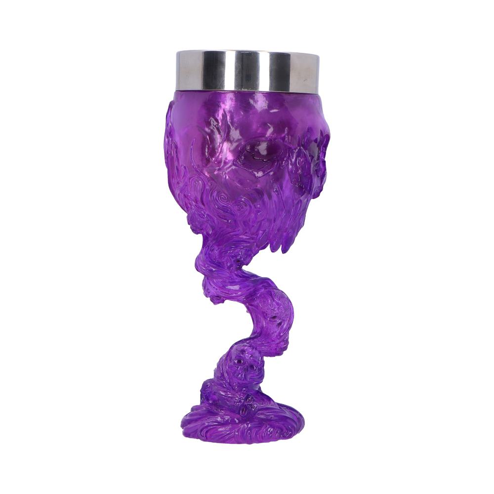 A purple goblet, shaped like a skull with a swirling stem, sits on a white background.