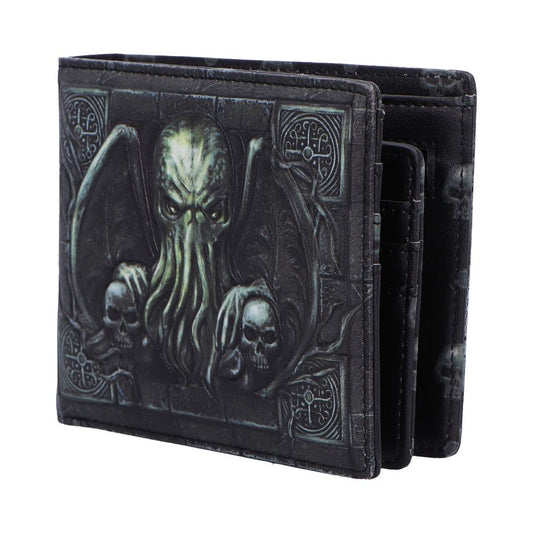 Leather wallet features a 3D embossed Cthulhu design with tentacles and skulls, surrounded by intricate patterns on a dark background, emphasizing a gothic, horror theme.