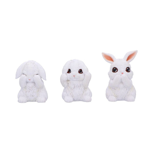 Three Wise Bunnies Figurines – hand-painted resin bunny trio in see no evil, hear no evil, speak no evil poses