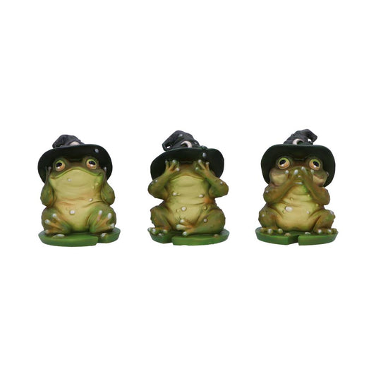 Three Wise Toads Figurines – hand-painted resin toad trio in see no evil, hear no evil, speak no evil poses