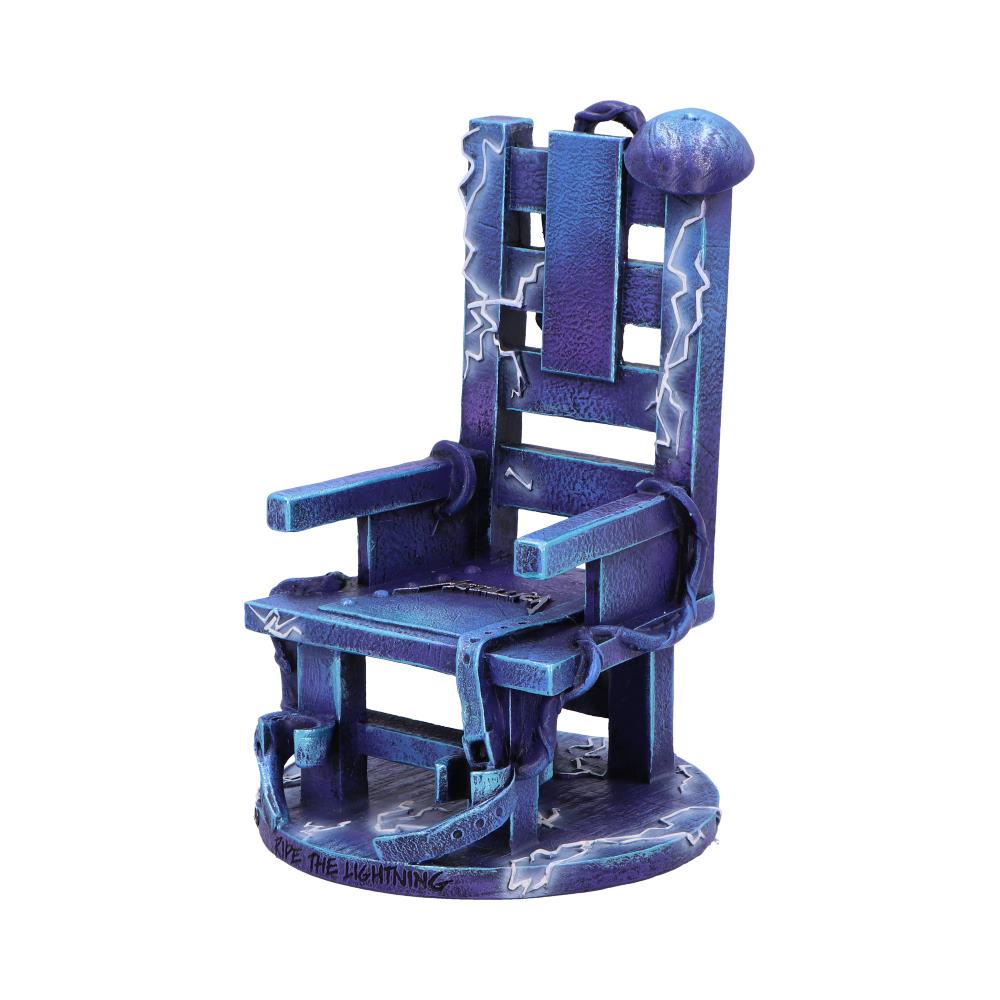 A stylized electric chair painted blue with lightning patterns, adorned with straps and a helmet, on a round base labeled "RIDE THE LIGHTNING."