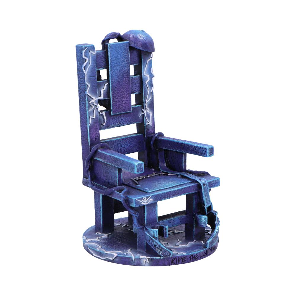 A small, blue electric chair with lightning patterns painted on it sits prominently. It features buckles and straps, positioned on a round base. Text reads, "RIDE THE LIGHTNING."