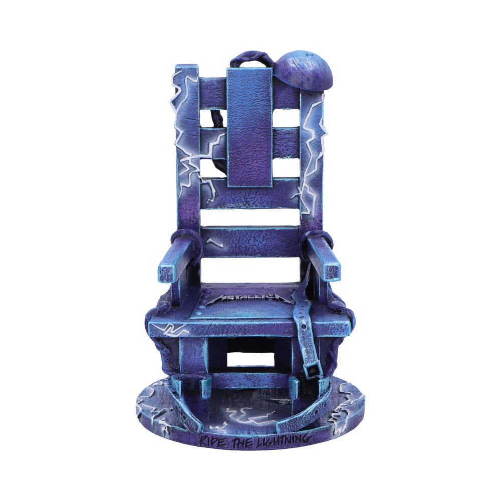 A blue electric chair figurine displays lightning designs with a helmet on top. The base reads "RIDE THE LIGHTNING," and "METALLICA" is written on the seat.