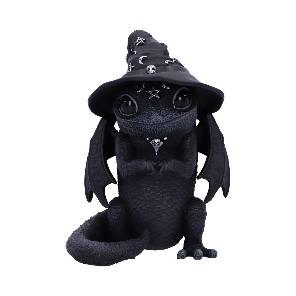 A black dragon sculpture sits upright, wearing a wizard hat adorned with stars and skulls, against a plain white background.