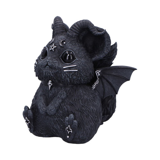 A black, bat-winged creature with large horns and mystical symbols on its forehead sits upright. It has large eyes and detailed fur, against a plain white background.