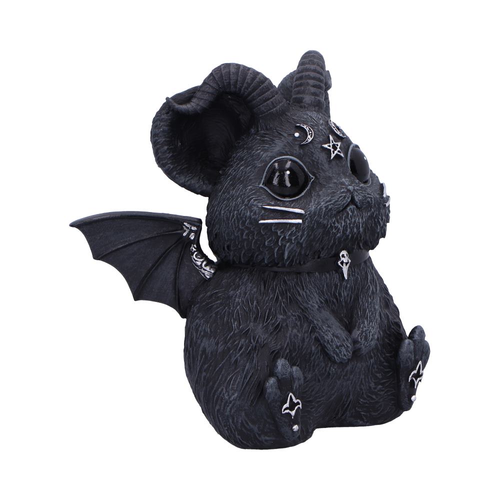 A black, mystical creature resembling a chubby rodent with bat wings and horns sits upright. Adorned with silver symbols, including a pentagram and moon, set against a white background.