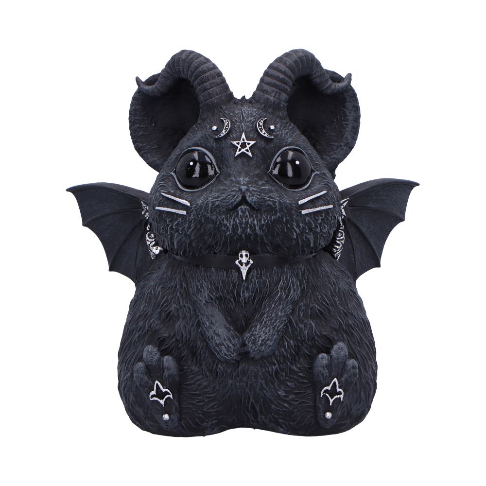 A chubby black creature resembling a mouse has bat wings, curled horns, and gothic symbols like a pentagram on its forehead. It sits upright with detailed fur texture, against a white background.