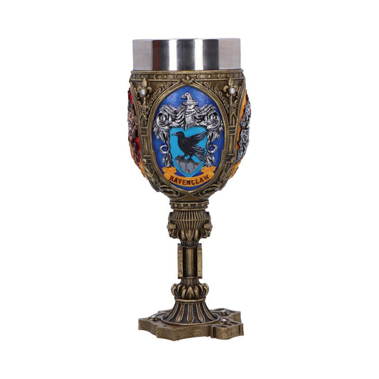 A decorative goblet with a metallic rim features a blue crest depicting a raven and the text "Ravenclaw." Ornate designs adorn the goblet, set against a plain white background.