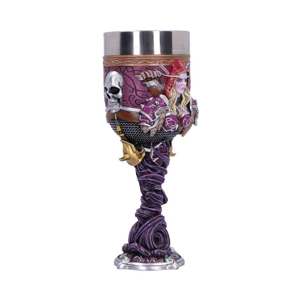 Ornate purple and silver goblet depicts a female elf with bow and a skull in relief, wrapped vine-like stem and metal cup rim, photographed against a plain white background.