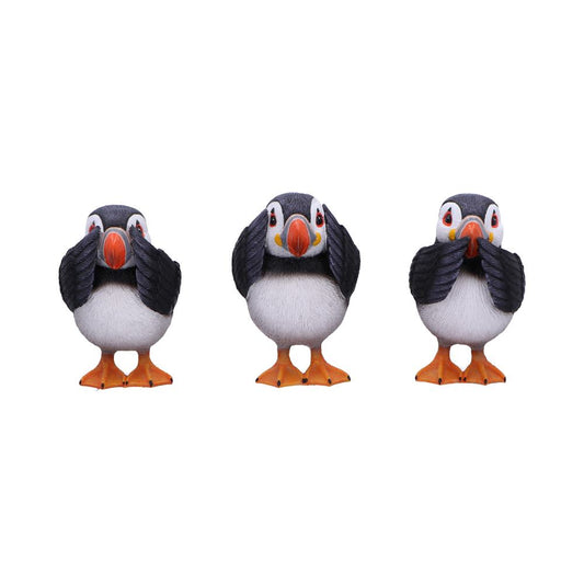 Three Wise Puffins Figurines – hand-painted resin puffin trio in see no evil, hear no evil, speak no evil poses