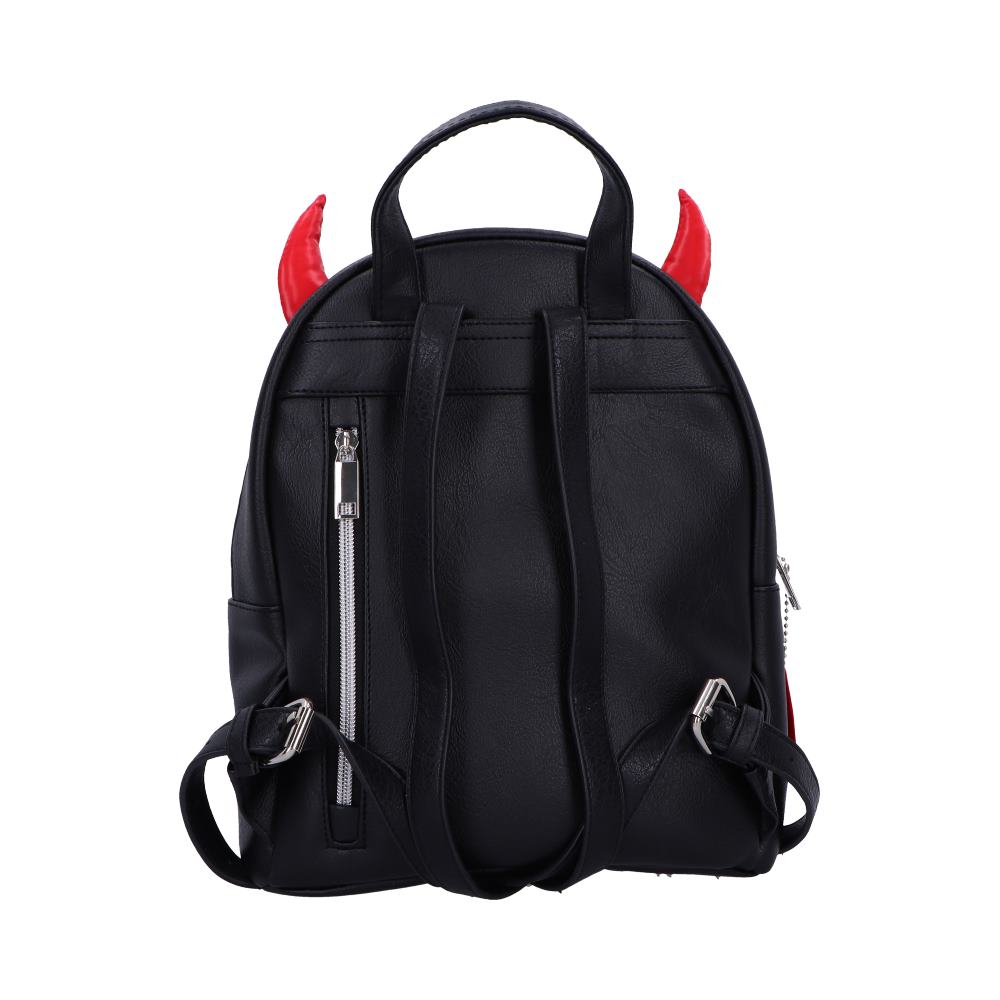 A black backpack features red devil horn decorations, a silver zippered front pocket, and adjustable straps, set against a plain white background.