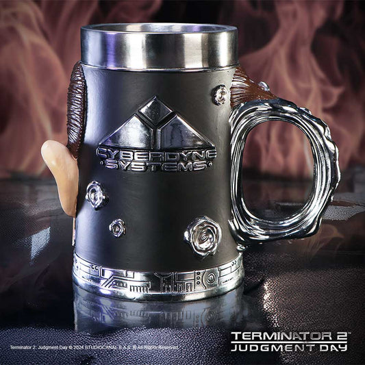 Terminator T-1000 tankard with sculpted liquid-metal face, bullet-hole details and stainless-steel liner