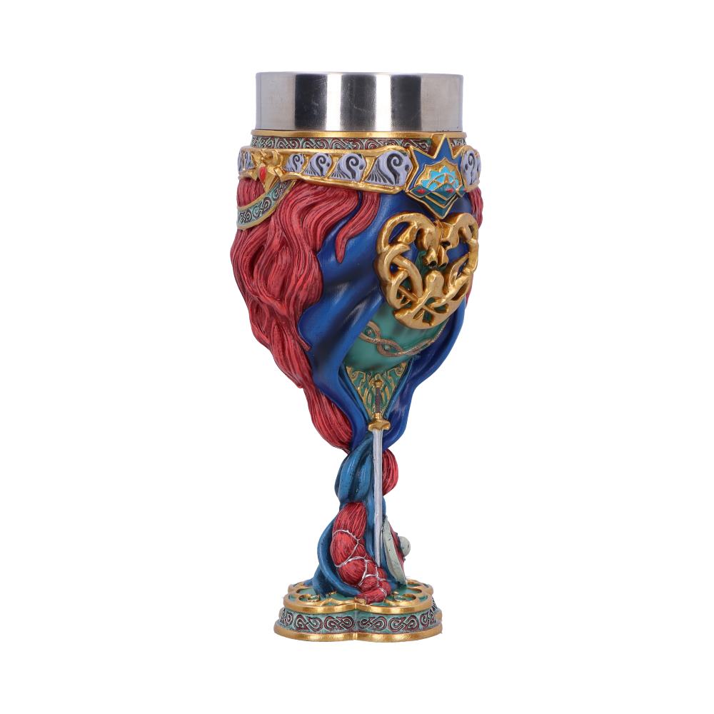 Ornate chalice combines a stainless rim with sculpted red braided hair and blue drapery, adorned with gold filigree and Celtic motifs standing against a plain white background.