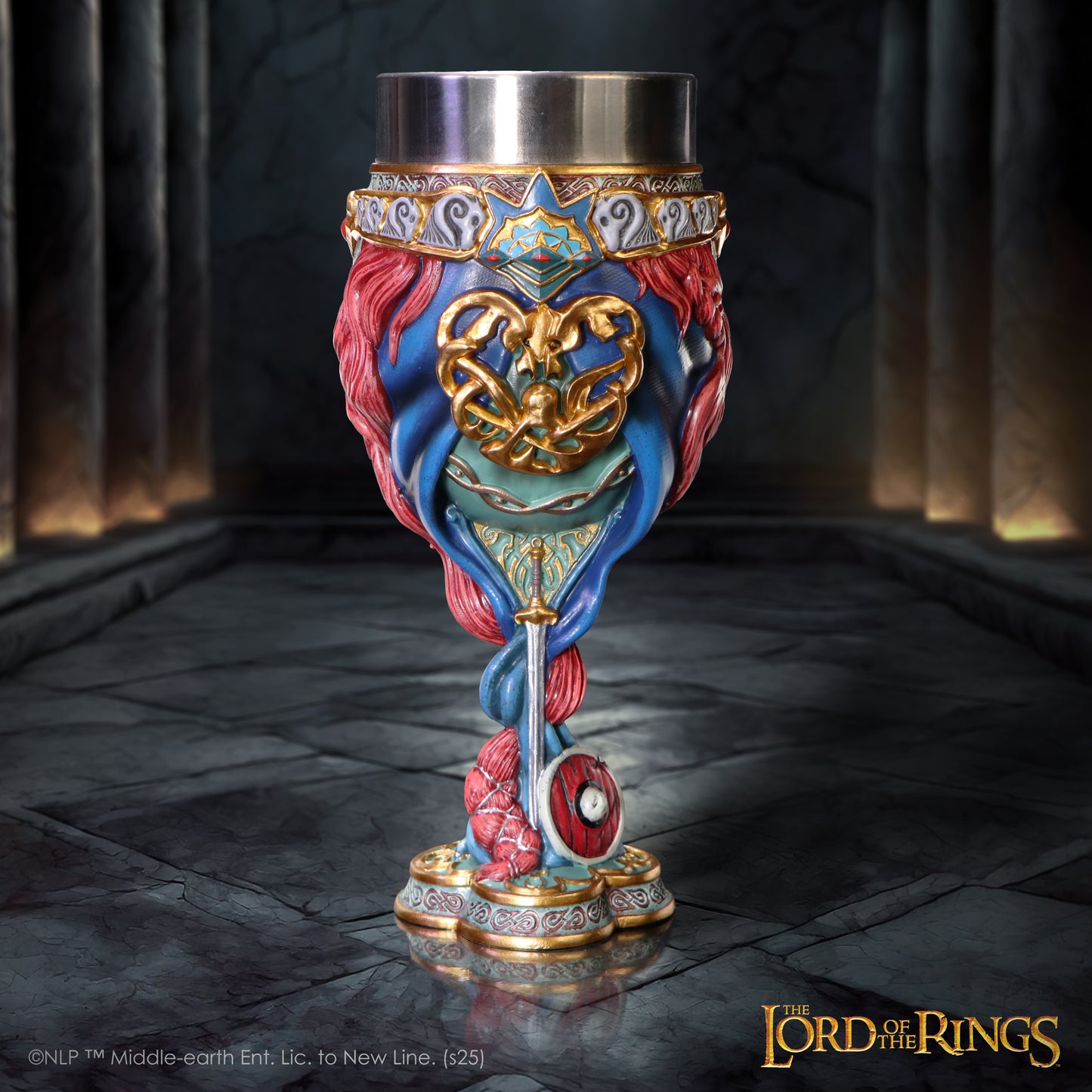 Ornate painted goblet featuring braided red hair, blue drapery and gold knotwork stands on a polished cracked stone floor in a dim columned hall; text: "THE LORD OF THE RINGS" and "©NLP ™ Middle-earth Ent. Lic. to New Line. (s25)".