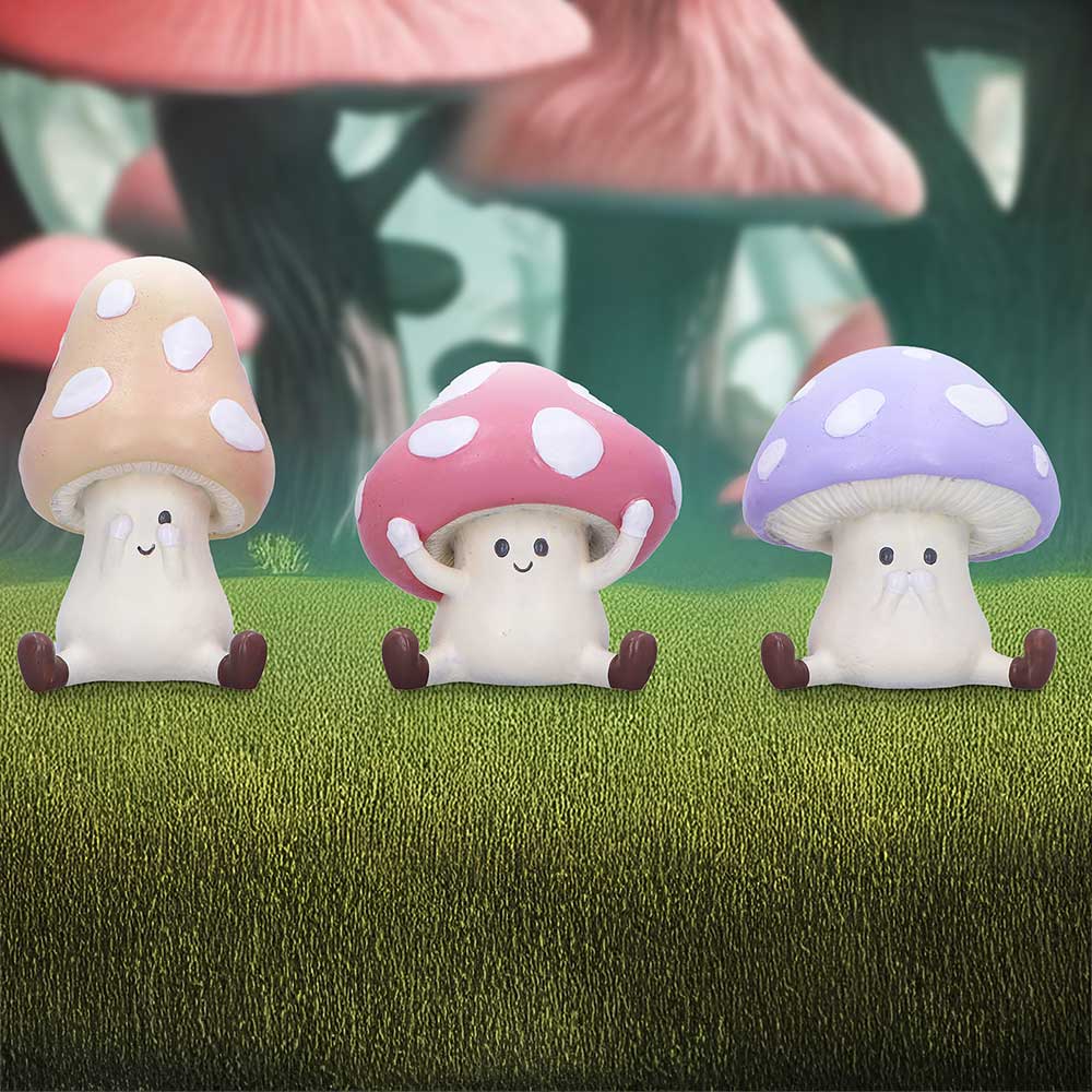 Three Wise Toadstools Figurines – hand-painted resin trio in see no evil, hear no evil, speak no evil poses