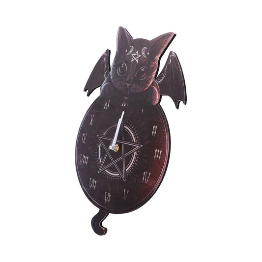 Black cat with bat wings perches atop an oval clock featuring a central pentagram and Roman numeral-style hour marks, a curled tail pendulum below against a plain white background.