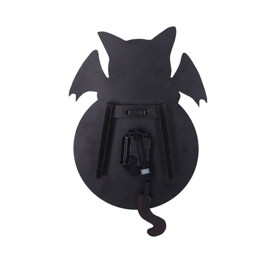 Black cat-shaped wall clock shows its exposed clock mechanism and dangling curled tail against a plain white background.