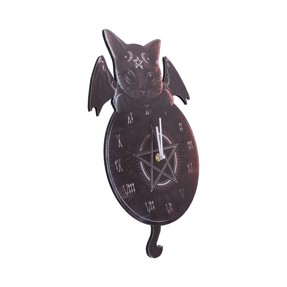 A bat-eared cat clock perches on an oval face displaying a pentagram and white hands, hanging against a plain white background; numerals: I II III IV V VI VII VIII IX X XI XII
