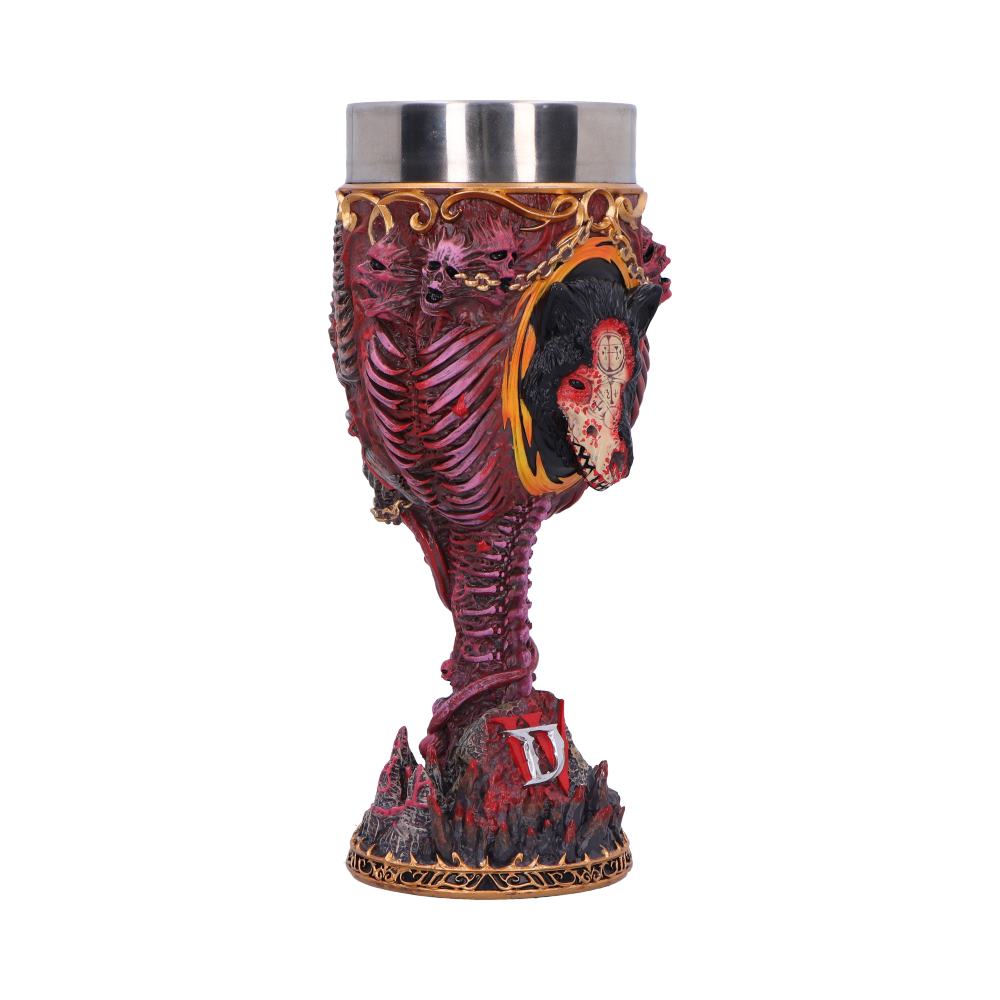 Ornate red skeletal goblet shaped from ribcage and twisted spine, featuring a snarling wolf mask medallion and rocky base marked with the letter D on a plain white background.