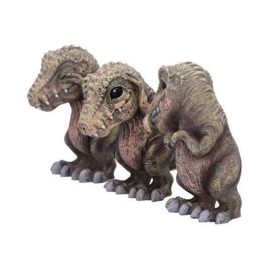 Three small weathered dinosaur figurines stand side by side on a white background, leaning slightly toward each other, showing textured scaly skin, stubby limbs, clawed feet, and small visible teeth.