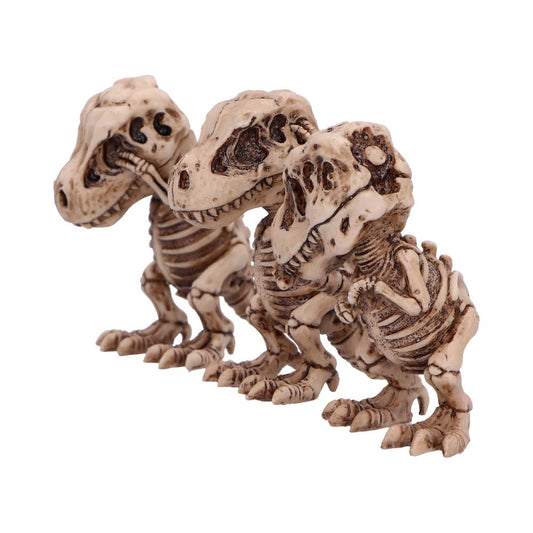 Three small stylized dinosaur skeleton figurines stand in a staggered row, heads tilted forward, showing ribcages and teeth against a plain white background.