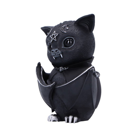 Black cat-bat figurine stands upright displaying a fanged mouth, star and crescent forehead charms and draped bat wings, positioned against a plain white studio background.