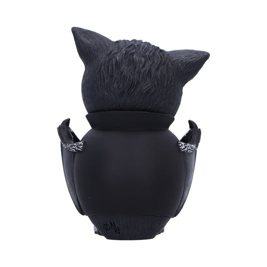 Black cat figurine stands facing away wearing a cloak with clawed paws on its sides against a plain white background; base marked "©N"