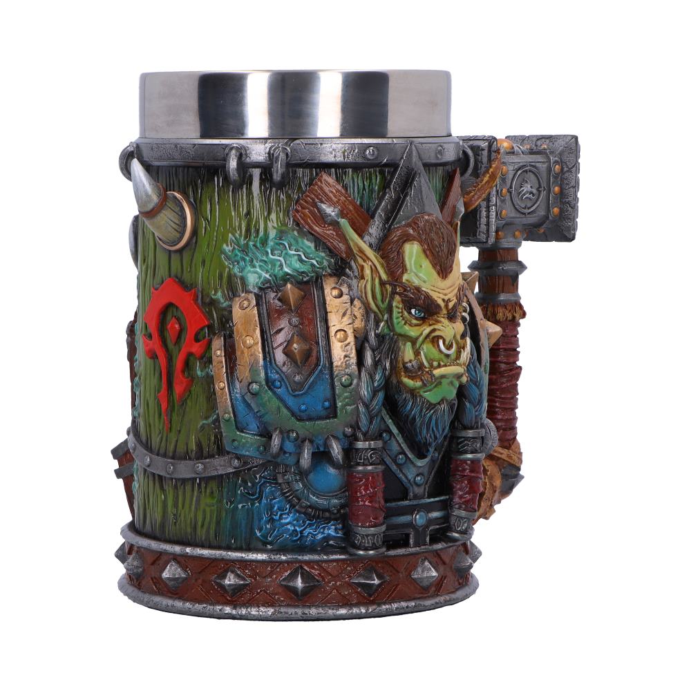ornamental tankard depicts a snarling green orc head mounted on a wood-textured mug, accented with armor plates, hammer-style handle and red stylized emblem, on a plain white background