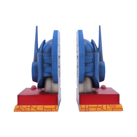 Pair of stylized blue robot-helmet bookends face away from each other, supporting vertical gray panels on red and yellow bases against a white background.