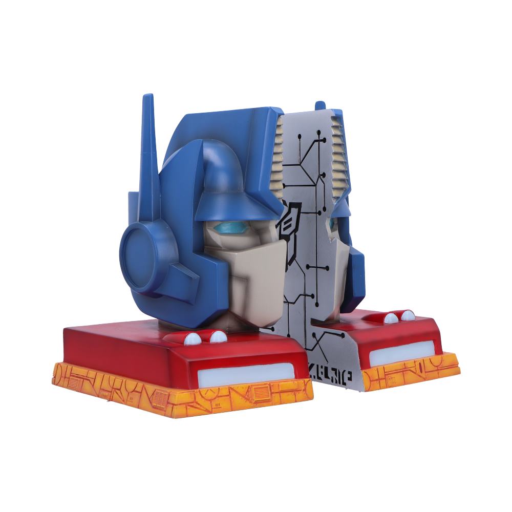 Blue-and-red robot head bust split into two bookends resting on red and orange bases on a white background no readable text