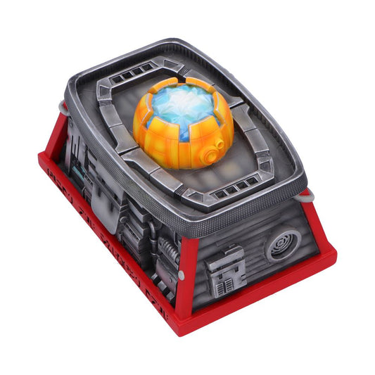 Sci-fi supply crate contains a glowing blue energy orb encased in an orange segmented shell seated within a gray mechanical platform framed by red supports on a white background.