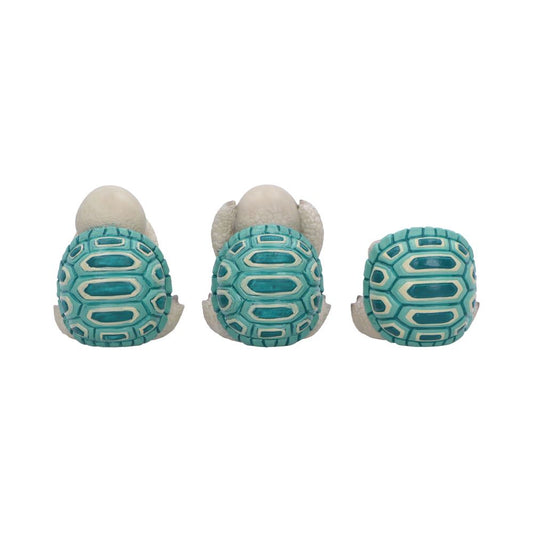 Three small turtle figurines sit with heads tucked, showing turquoise patterned shells against a white background.