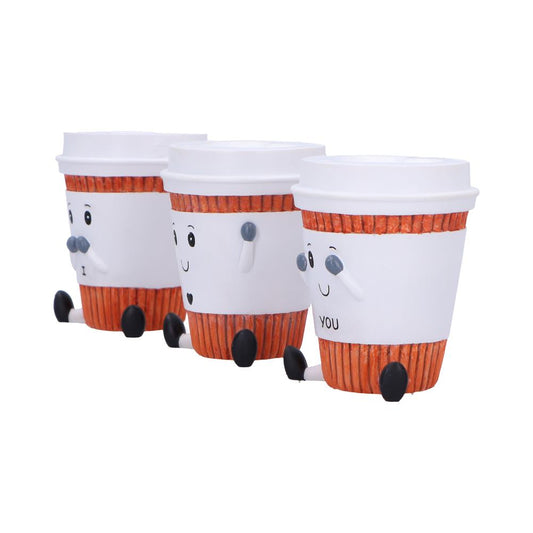 Three cartoon coffee cups sit in a row on a white background, each with a smiling face, together displaying text I ♥ YOU.