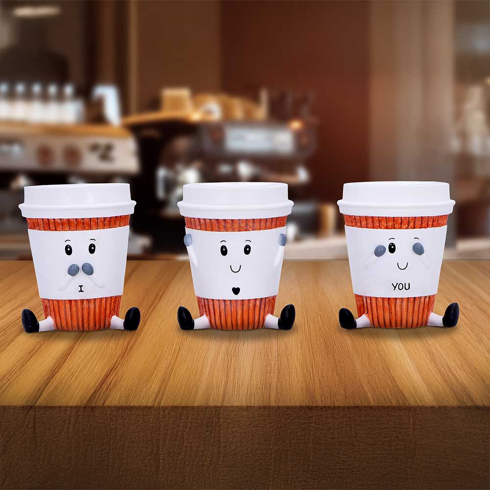 Three Wise Coffee Cups Figurines – hand-painted resin coffee cup trio in see no evil, hear no evil, speak no evil poses