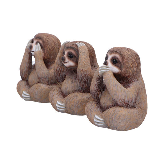 Three small brown sloth figurines sit side by side, one covering its eyes, one covering its ears, and one covering its mouth, photographed against a plain white background.