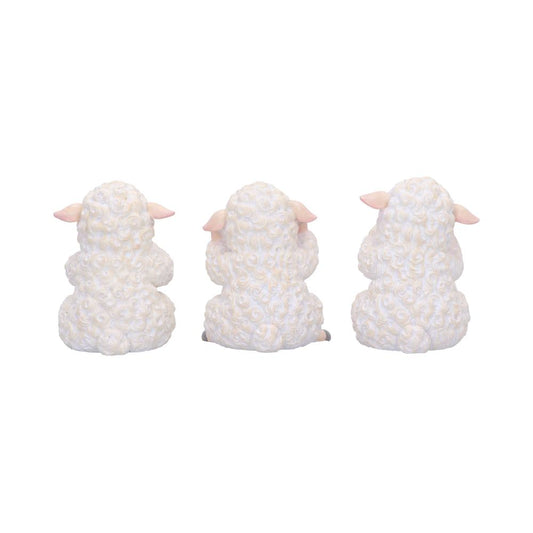 Three white lamb figurines sit facing away, showing curly textured wool and pink ears against a plain white background.