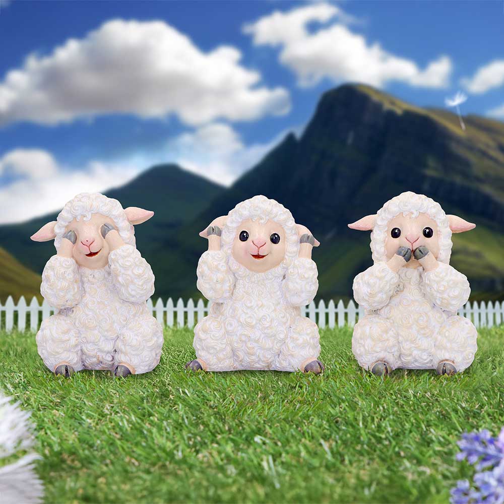 Three Wise Sheep Figurines – hand-painted resin sheep trio in see no evil, hear no evil, speak no evil poses
