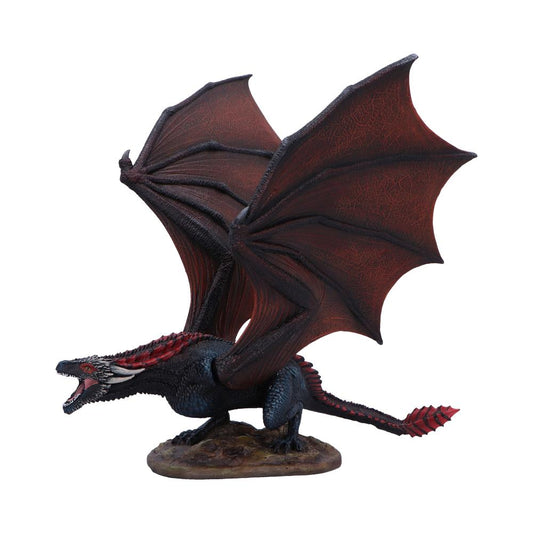 Black and red dragon figurine crouches on a rocky base, wings fully spread and mouth open in a roar, textured scales and serrated tail against a plain white background.