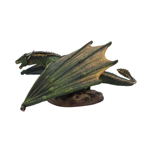 Green dragon figurine crouches with wings splayed over a rocky base, mouth open in a snarl, textured scales and curled tail against a plain white background.