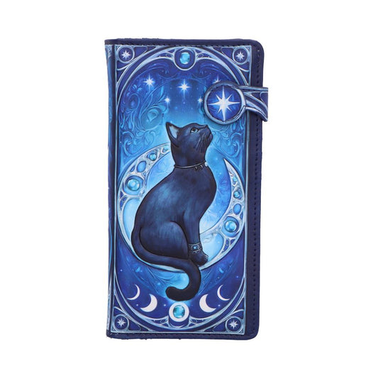 A blue faux-leather wallet featuring a black cat sitting on a crescent moon, gazing upward amid stars and ornate celestial motifs on a deep blue background.